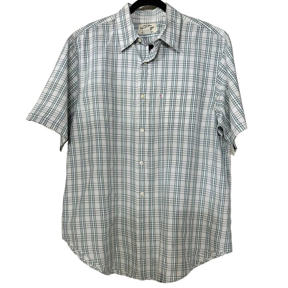 Ralph Lauren Vintage Plaid Button Front Short Sleeve Shirt Flag Logo Size Large